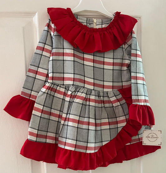 Girls red frill tartan dress