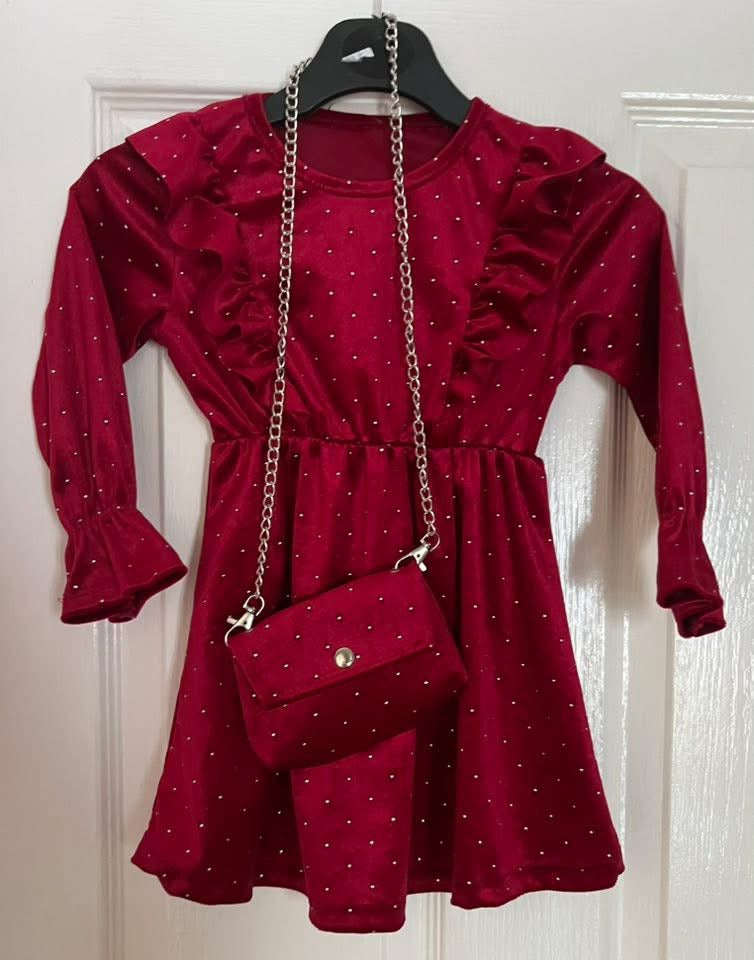 Burgundy/red diamante dress and bag
