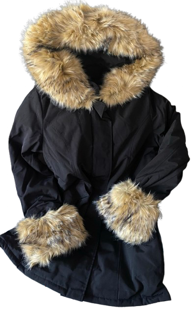 Ladies black coat/jacket with brown faux fur